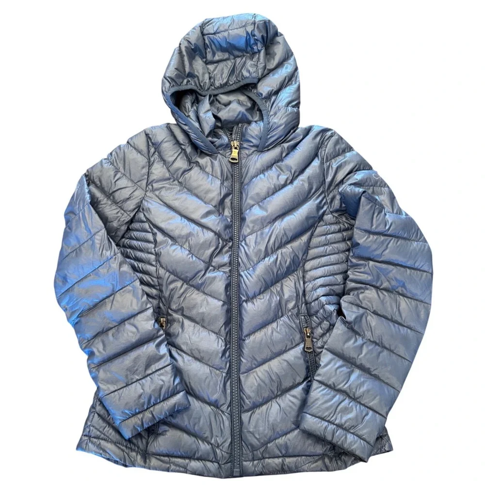 Calvin Klein Womens XS Metallic Blue Packable Premium Down Hooded Puffer Jacket